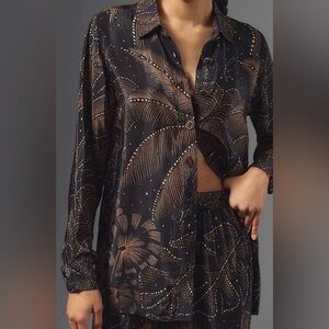 Farm Rio Golden Foliage Black Bottom Up Long Sleeve Pajama Top Size Large